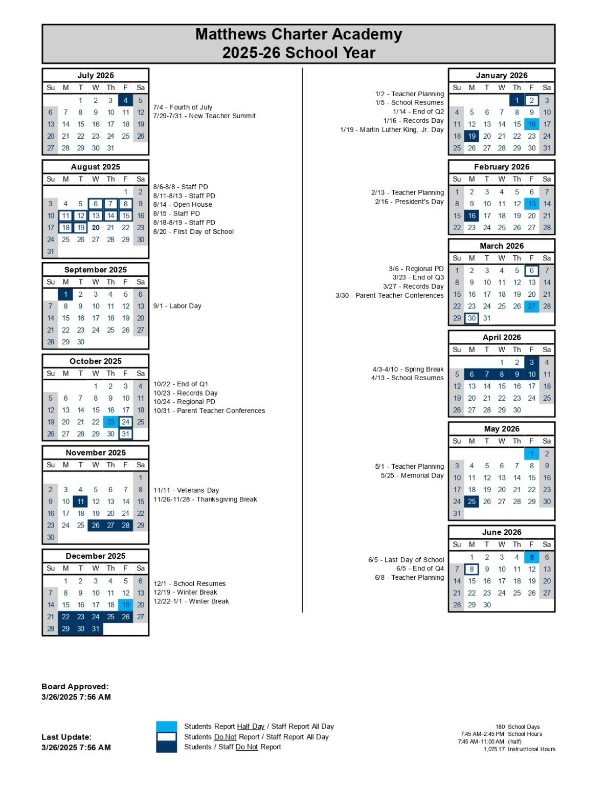 Matthew School Calendar 2025-2026 [Academic Calendar]
