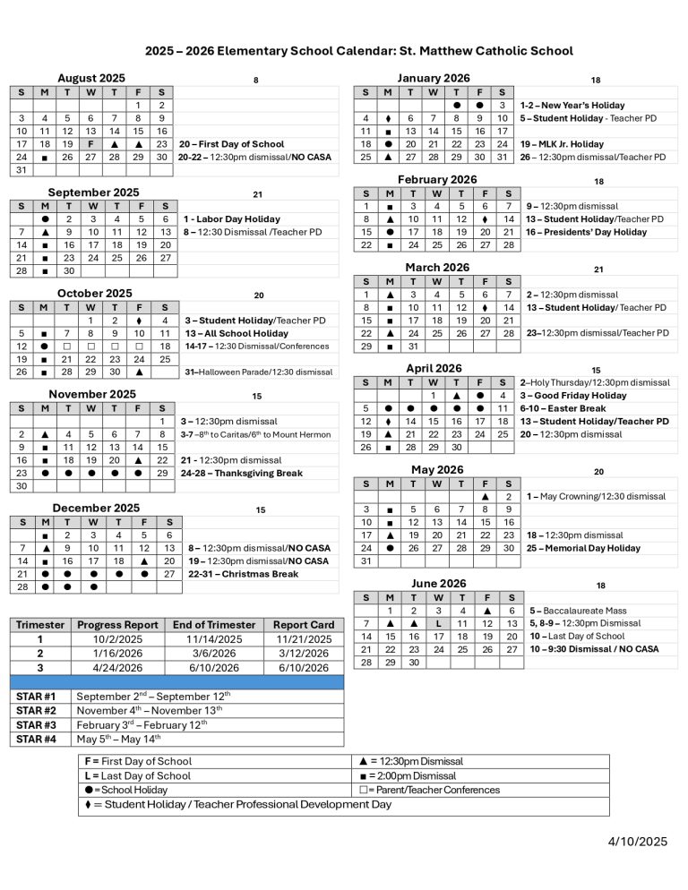 Matthew School Calendar 2025-2026 [Academic Calendar]