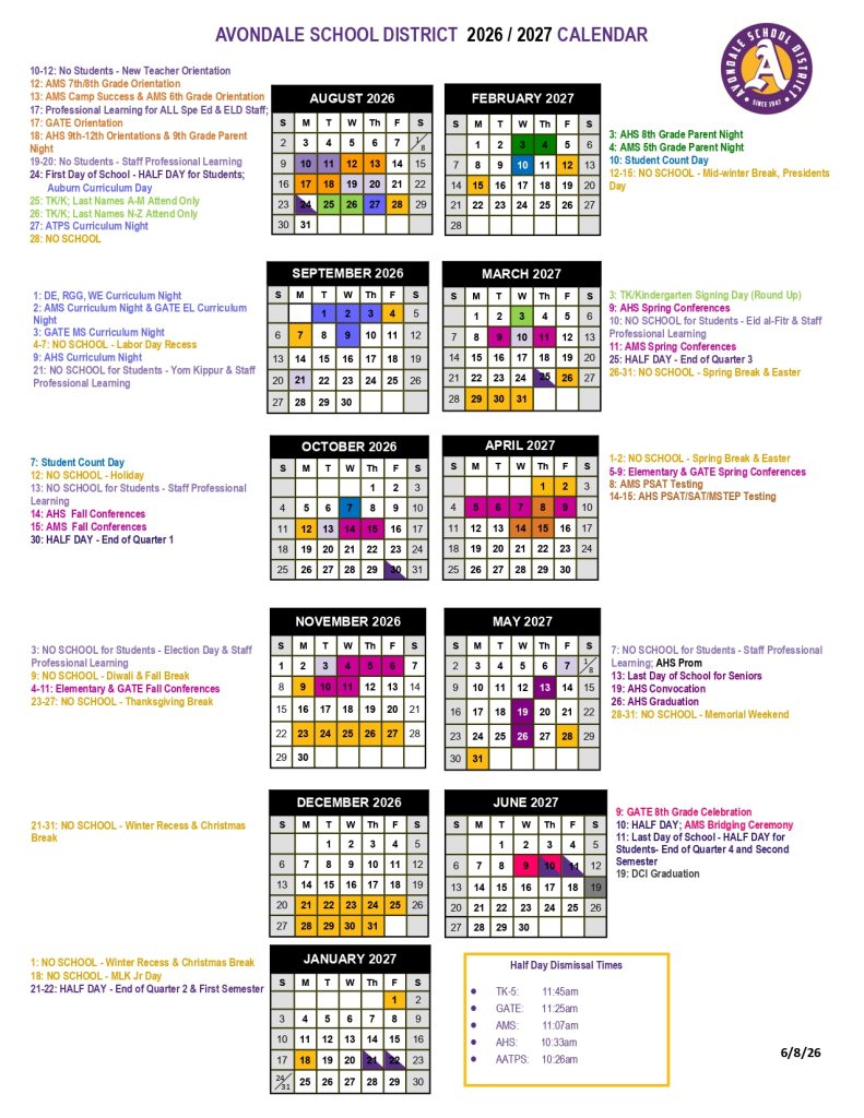 Avondale Primary School Calendar 2026