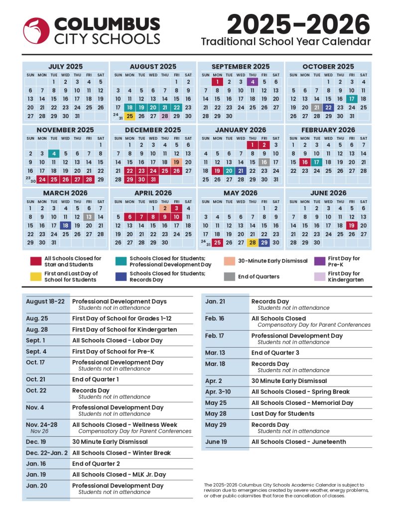 Columbus City Schools Calendar 2025
