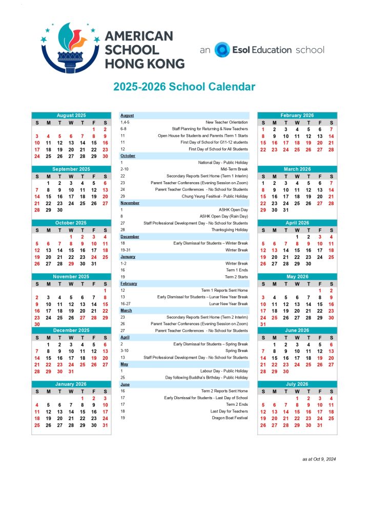 Ascham School Calendar 2025-2026